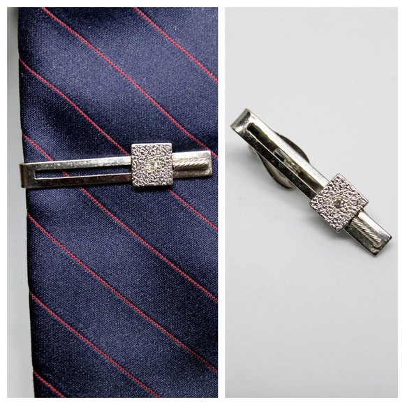 Vintage Square Crystal Stone Rectangle Tie Clip | Father's Day Gift | Groomsmen - Picture 1 of 8